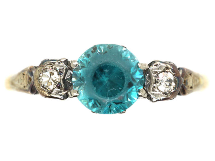 Art Deco 18ct Gold Blue Zircon & Diamond Ring