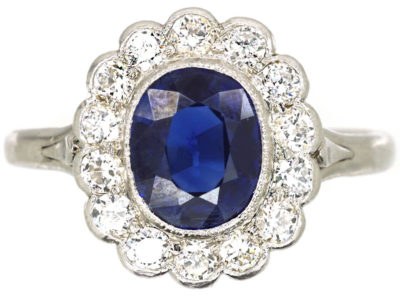 Edwardian Platinum, Sapphire & Diamond Oval Cluster Ring