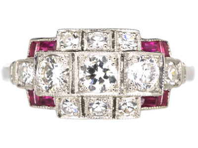 Art Deco Platinum, Ruby & Diamond Geometric Design Ring