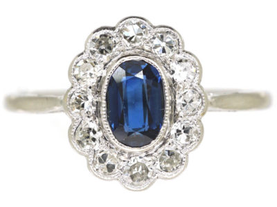 Edwardian Platinum, Sapphire & Diamond Oval Cluster Ring