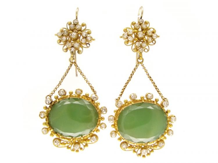 Regency 18ct Gold Diamond & Chrysoprase Drop Earrings