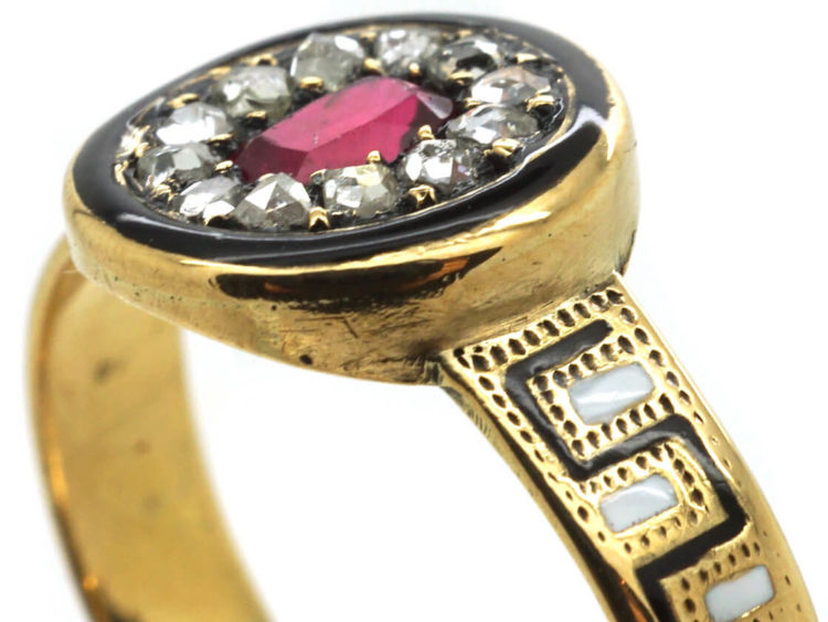 Victorian 18ct Gold, Rose Diamond & Black & White Enamel Ring