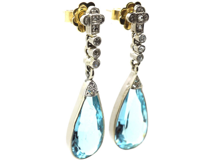 Edwardian 18ct White Gold, Aquamarine & Diamond Drop Earrings