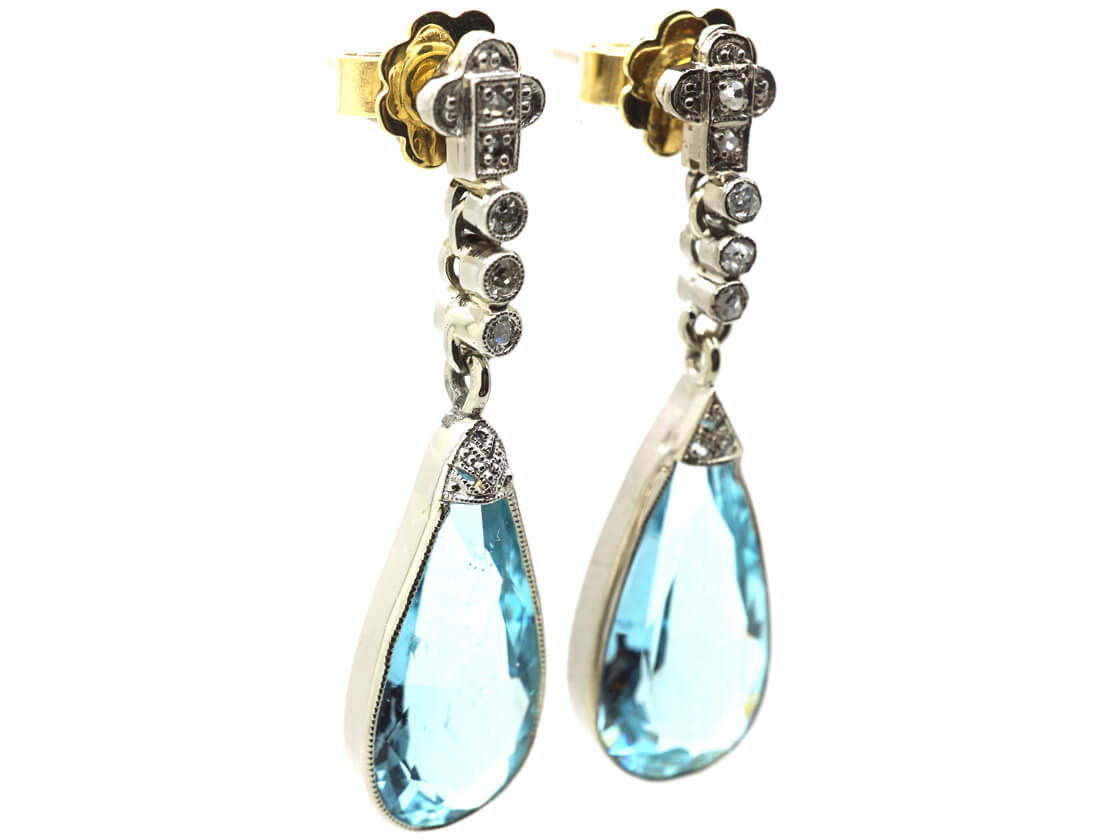 Edwardian 18ct White Gold, Aquamarine & Diamond Drop Earrings (864M ...