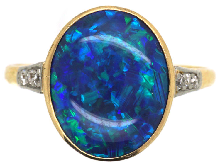 Art Deco 18ct Gold, Black Opal & Diamond Ring