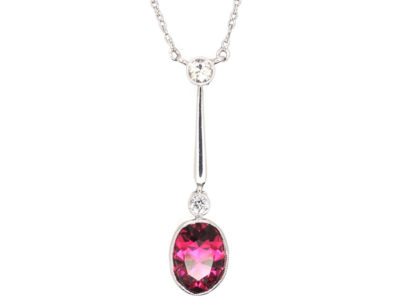 Art Deco Pink Tourmaline & Diamond Pendant on Chain