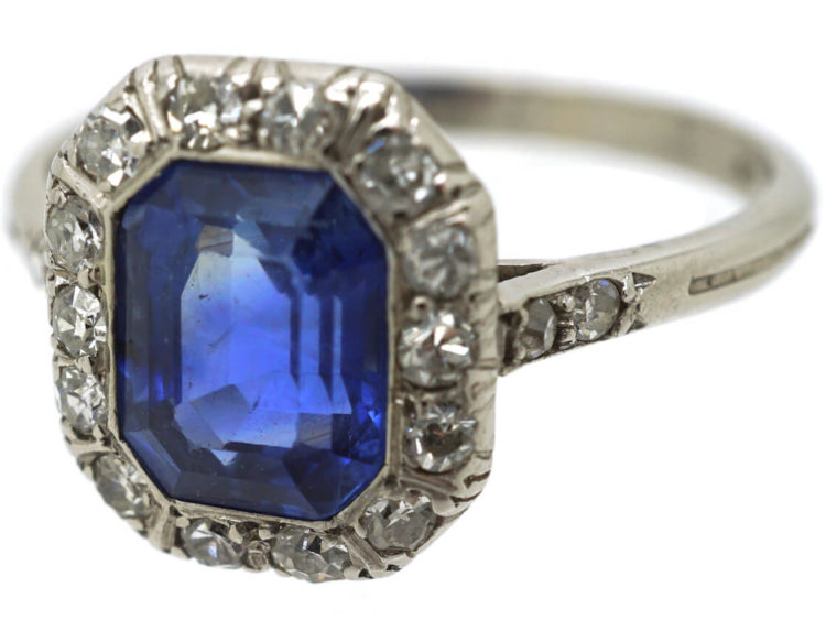 Art Deco Ceylon Sapphire & Diamond Platinum Octagonal Shaped Ring