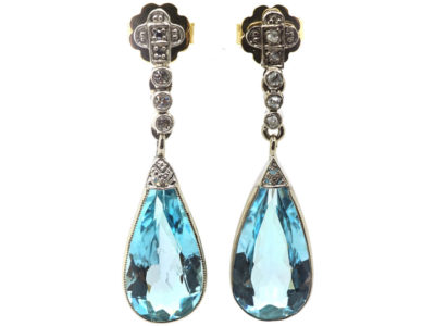 Edwardian 18ct White Gold, Aquamarine & Diamond Drop Earrings