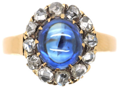 Edwardian 14ct Gold, Cabochon Sapphire & Rose Diamond Oval Cluster Ring