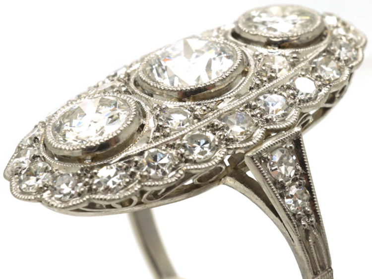 Art Deco Platinum Large Oval Diamond Cluster Ring