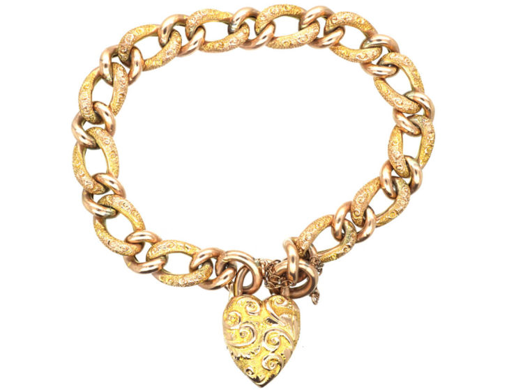 Edwardian 9ct Gold Curb Bracelet with Heart Shaped Padlock