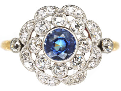 Edwardian 18ct Gold & Platinum, Sapphire & Diamond Cluster Ring