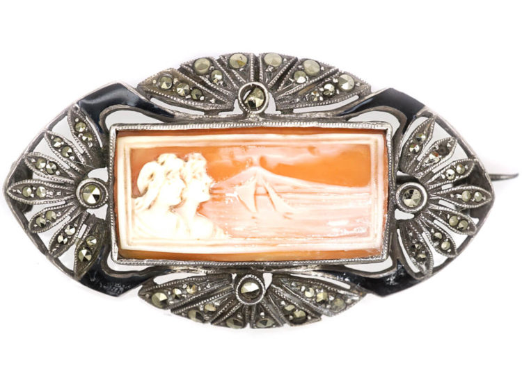 Silver & Marcasite Carved Shell Cameo Brooch by Theodor Fahrner