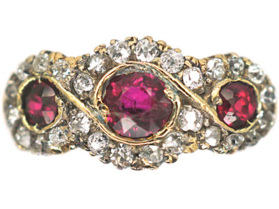 Edwardian 18ct Gold, Ruby & Diamond Triple Cluster Ring