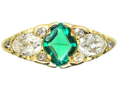 Victorian 18ct Gold Emerald & Diamond Three Stone Carved Half Hoop Ring