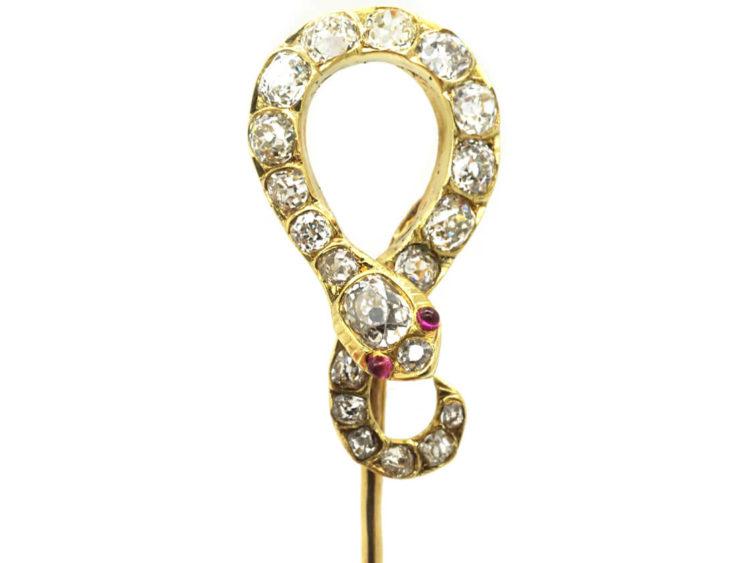Victorian 18ct Gold Snake Tie Pin Set with Old Mine Cut Diamonds & Ruby Eyes