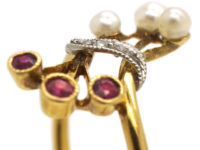 French Art Nouveau 18ct Gold, Ruby, Rose Diamond & Natural Pearl Ring