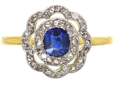 Edwardian 18ct Gold & Platinum Sapphire & Diamond Cluster Ring