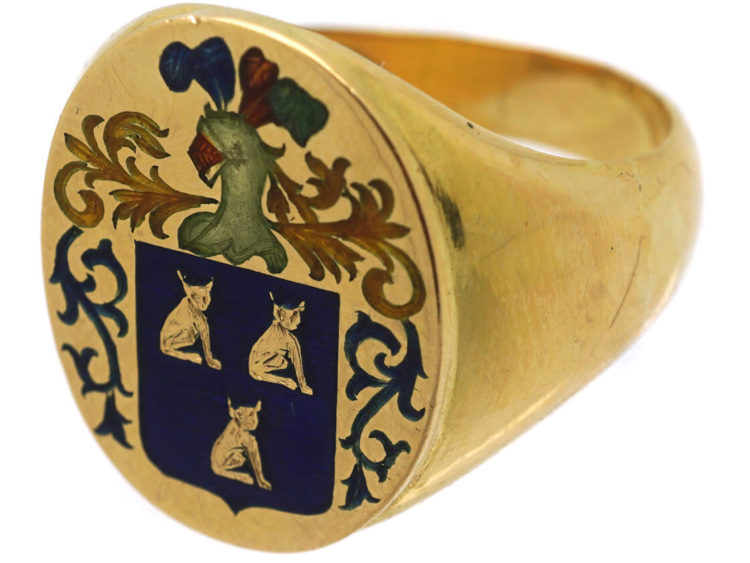 Large 18ct Gold & Enamel Signet Ring with Crest