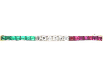 Art Deco 18ct White Gold, Emerald, Diamond & Ruby Bar Brooch