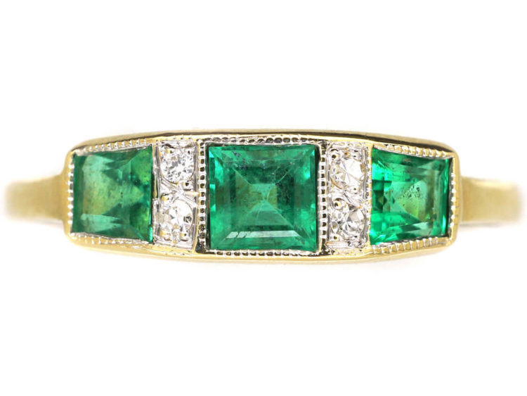 Art Deco 18ct Gold, Emerald & Diamond Ring Three Stone Ring