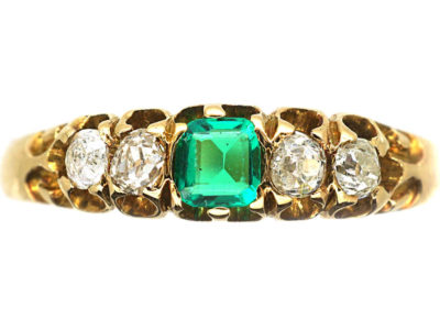 Victorian 18ct Emerald & Diamond Five Stone Ring