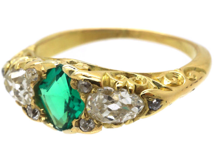 Victorian 18ct Gold Emerald & Diamond Three Stone Carved Half Hoop Ring