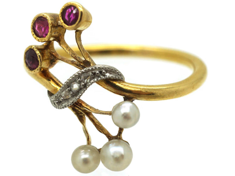 French Art Nouveau 18ct Gold, Ruby, Rose Diamond & Natural Pearl Ring