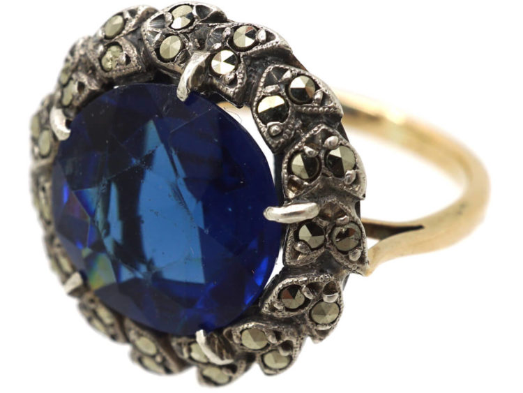 Art Deco Marcasite & Blue Paste Silver & Gold Ring