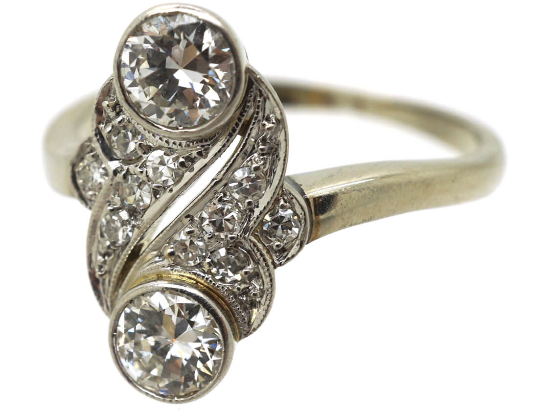 Art Deco 18ct White Gold Two Stone Diamond Ring with Diamond Set Leaf