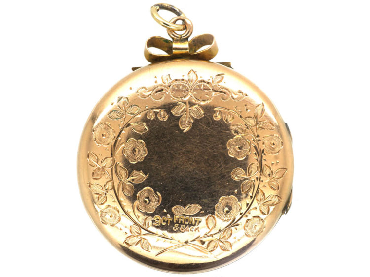 Edwardian 9ct Back & Front Round Locket with Engraved Flowers in Basket