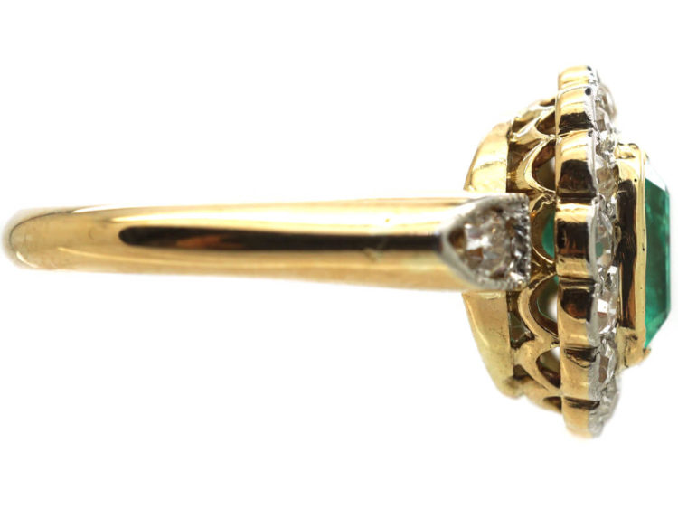 Edwardian 18ct Gold & Platinum, Square Cut Emerald & Diamond Cluster Ring