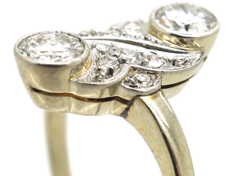 Art Deco 18ct White Gold Two Stone Diamond Ring with Diamond Set Leaf Design