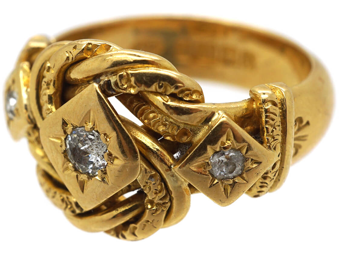 Victorian 18ct Gold Lover's Knot Ring set with Three Diamonds - The