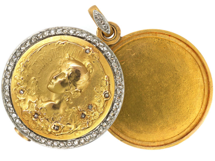 French 18ct Gold & Rose Diamond Art Nouveau Locket of a Lady by L Janvier