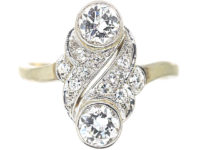 Art Deco 18ct White Gold Two Stone Diamond Ring with Diamond Set Leaf Design