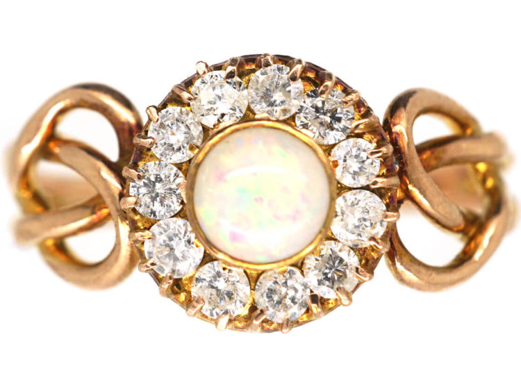 Art Nouveau 9ct Gold, Opal & Diamond Cluster Ring