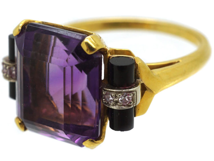 Art Deco 14ct Gold, Amethyst, Onyx & Diamond Ring