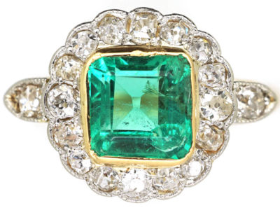 Edwardian 18ct Gold & Platinum, Square Cut Emerald & Diamond Cluster Ring