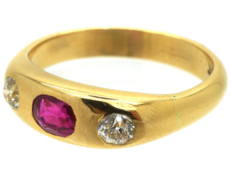 Edwardian 18ct Gold, Ruby & Diamond Rub Over Set Ring
