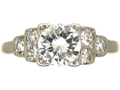Art Deco 18ct White Gold & Platinum Diamond Solitaire Ring with Step Cut Shoulders set with Diamonds