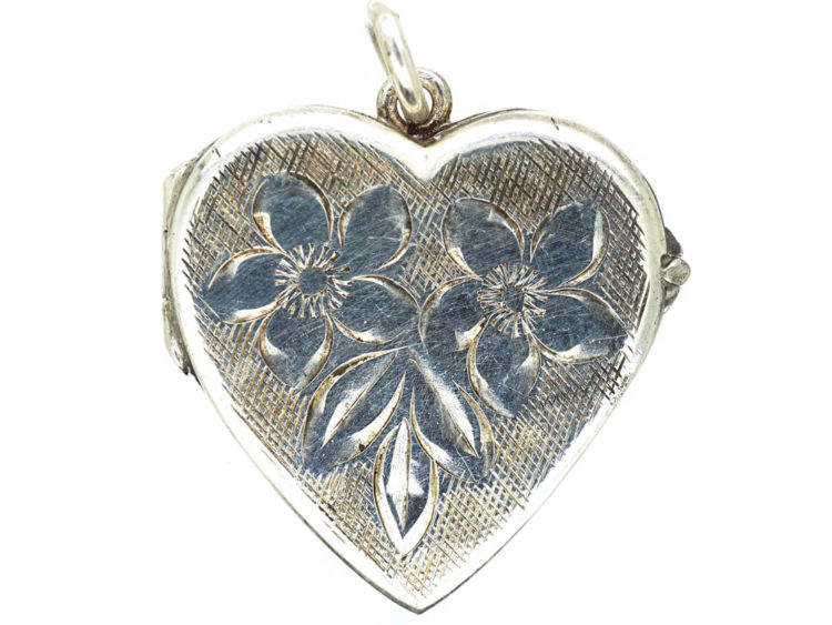 Silver Heart Locket with Engraved Flowers