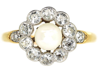 Edwardian 18ct Gold & Platinum, Natural Pearl & Diamond Cluster Ring