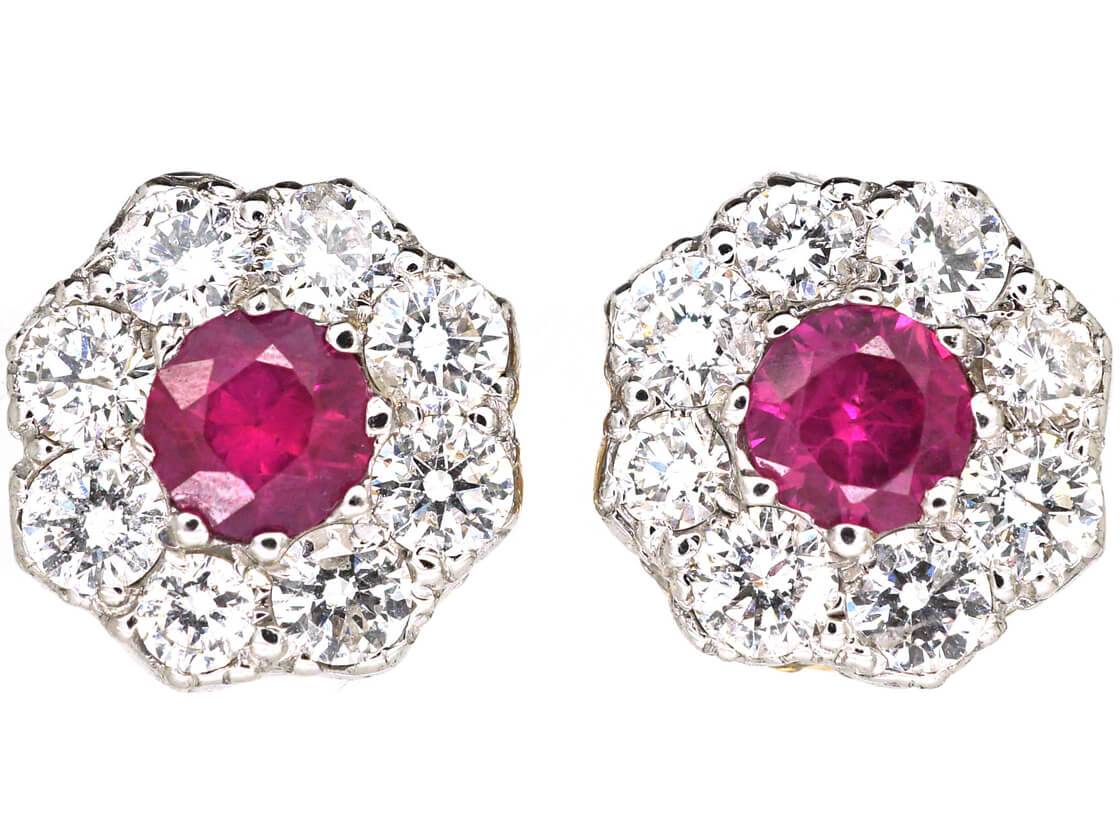 Ruby & Diamond Cluster Earrings (89N) | The Antique Jewellery Company