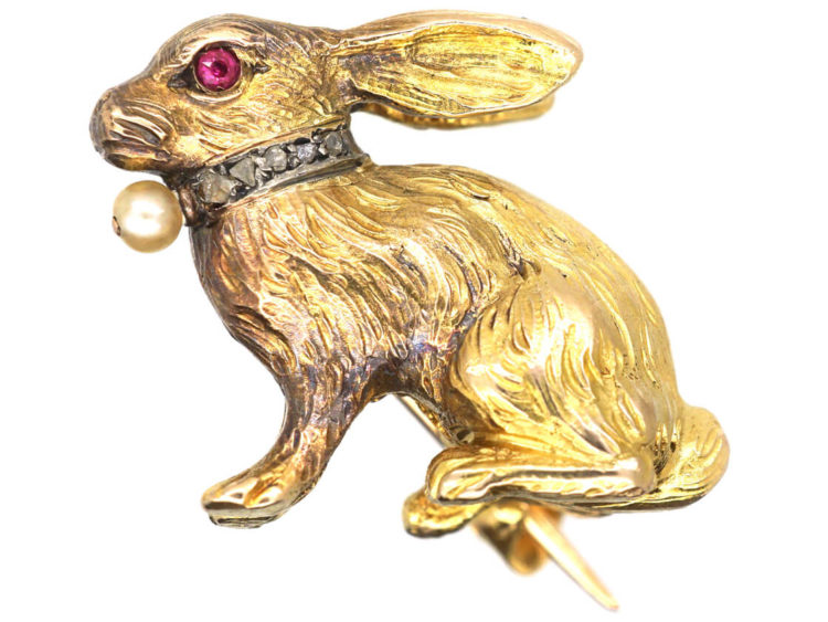 Edwardian 18ct Gold Rabbit Brooch with Rose Diamond & Pearl Collar & Ruby Eye