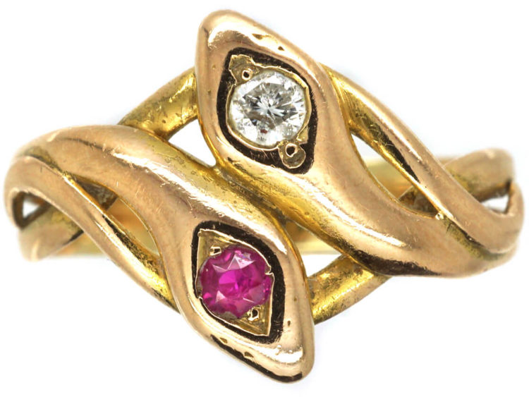 Edwardian 14ct Gold Double Snake Ring set with a Ruby & Diamond