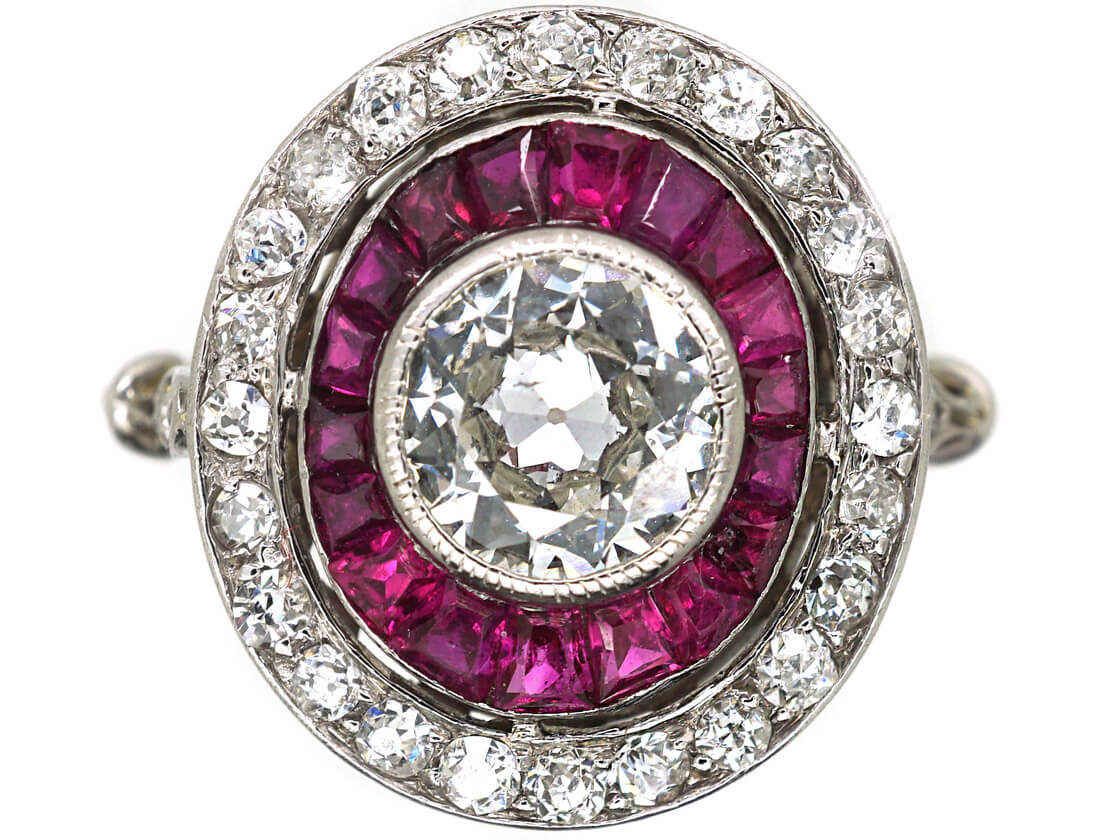 Art Deco Platinum, Ruby & Diamond Oval Target Ring The