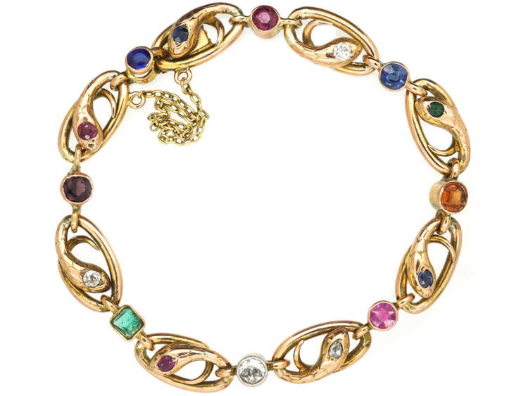 French Belle Epoque 18ct Gold & Gem Set Snakes Bracelet