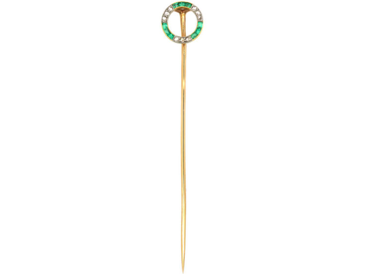 French 18ct Gold Art Deco Emerald & Diamond Circle Tie Pin