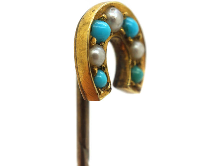 Edwardian 15ct Gold, Turquoise & Natural Split Pearl Horseshoe Tie Pin